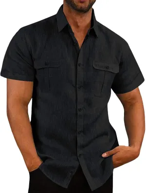 Cotton Linen Short Sleeve Shirts Men Fashion Vacation Double Pockets Casual Lapel Button Down Shirts Comfy Summer Top