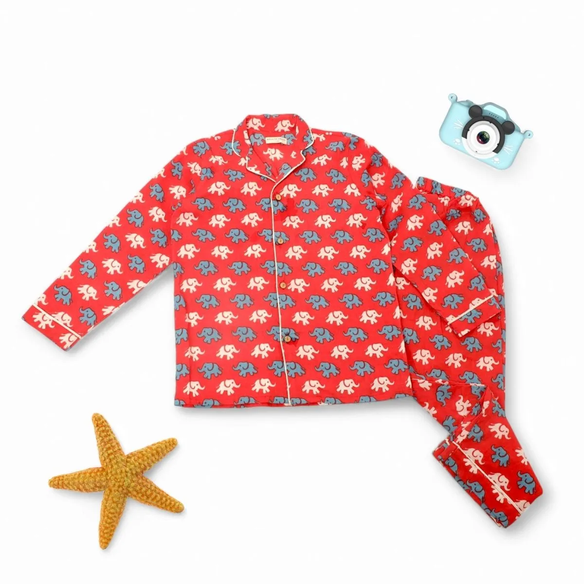Cotton Unisex Kids Elephant Print Nightsuit – Shirt & Pants Set