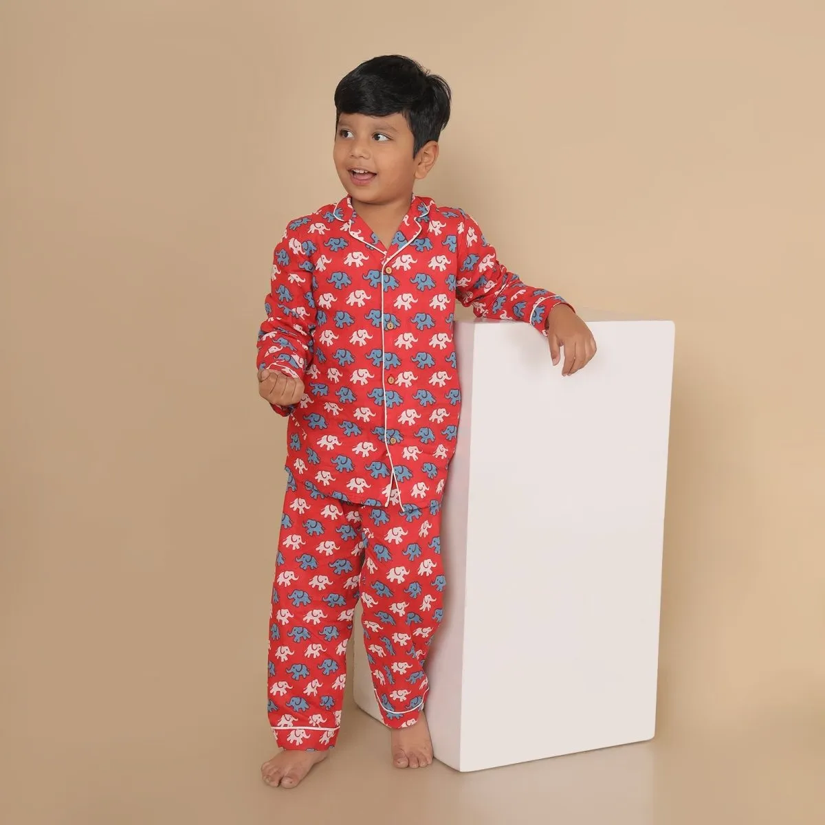 Cotton Unisex Kids Elephant Print Nightsuit – Shirt & Pants Set