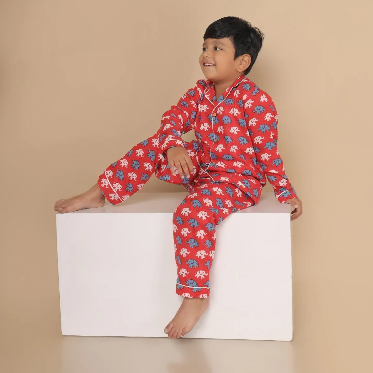 Cotton Unisex Kids Elephant Print Nightsuit – Shirt & Pants Set