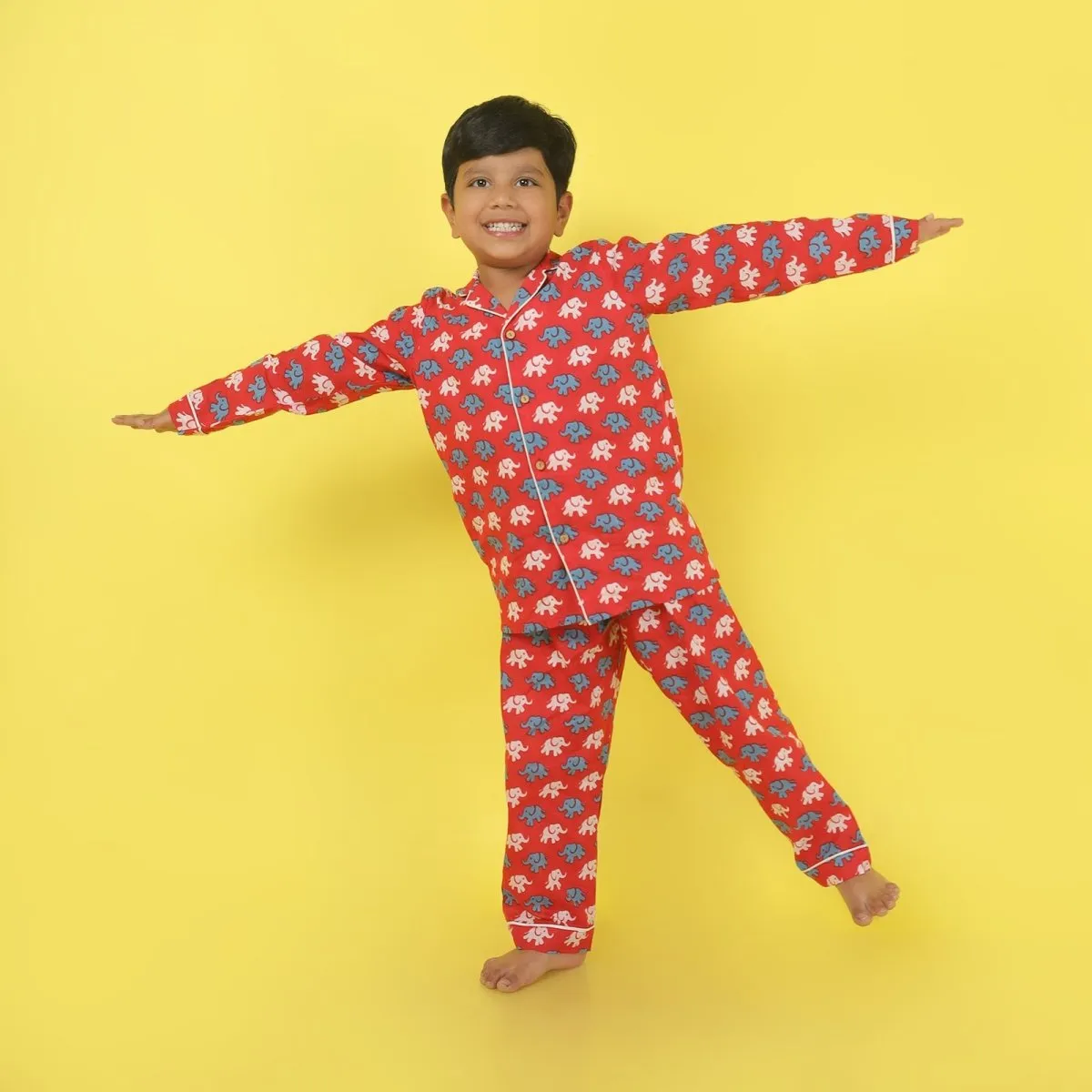 Cotton Unisex Kids Elephant Print Nightsuit – Shirt & Pants Set