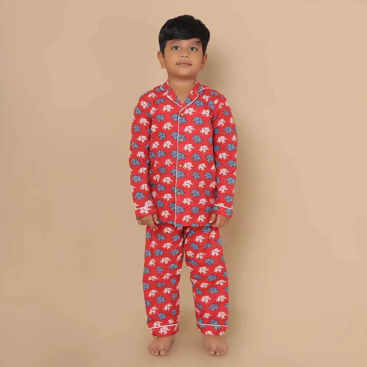 Cotton Unisex Kids Elephant Print Nightsuit – Shirt & Pants Set