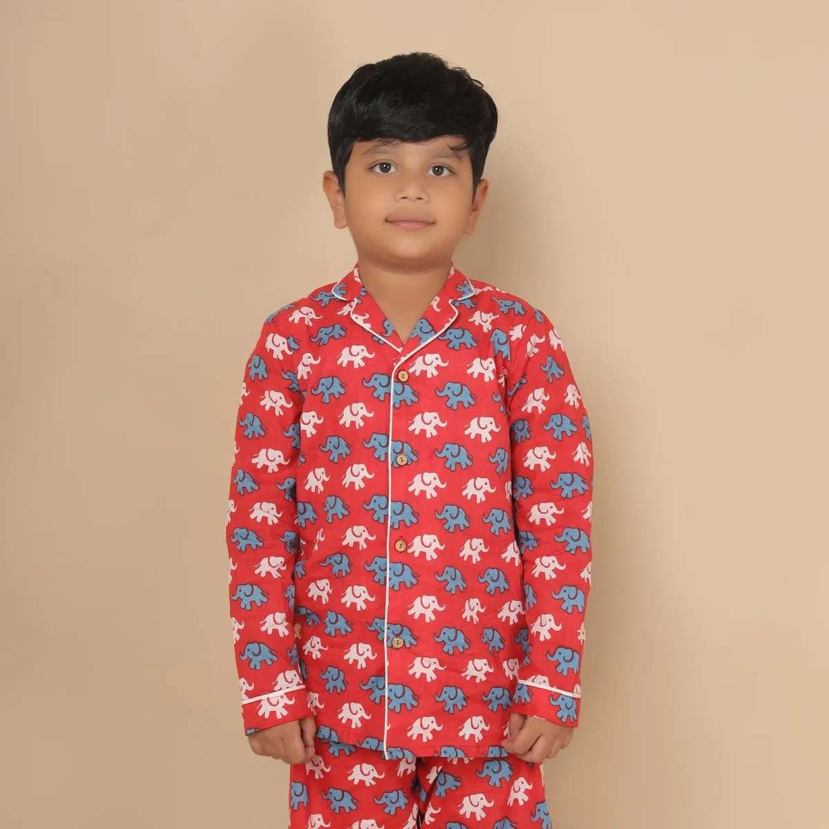 Cotton Unisex Kids Elephant Print Nightsuit – Shirt & Pants Set