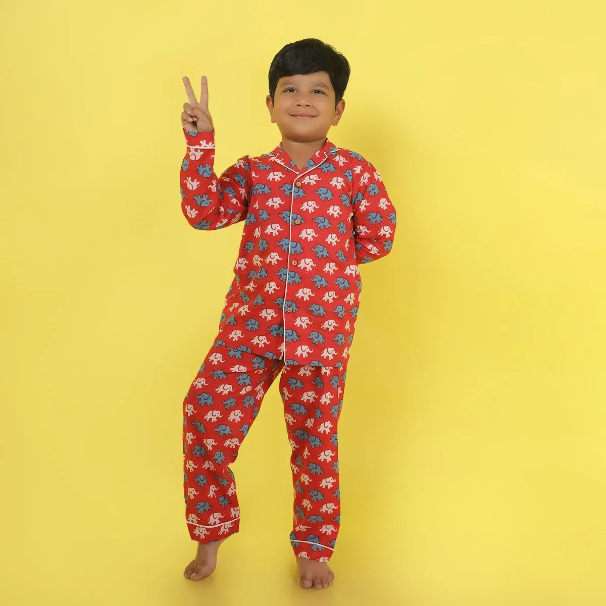 Cotton Unisex Kids Elephant Print Nightsuit – Shirt & Pants Set