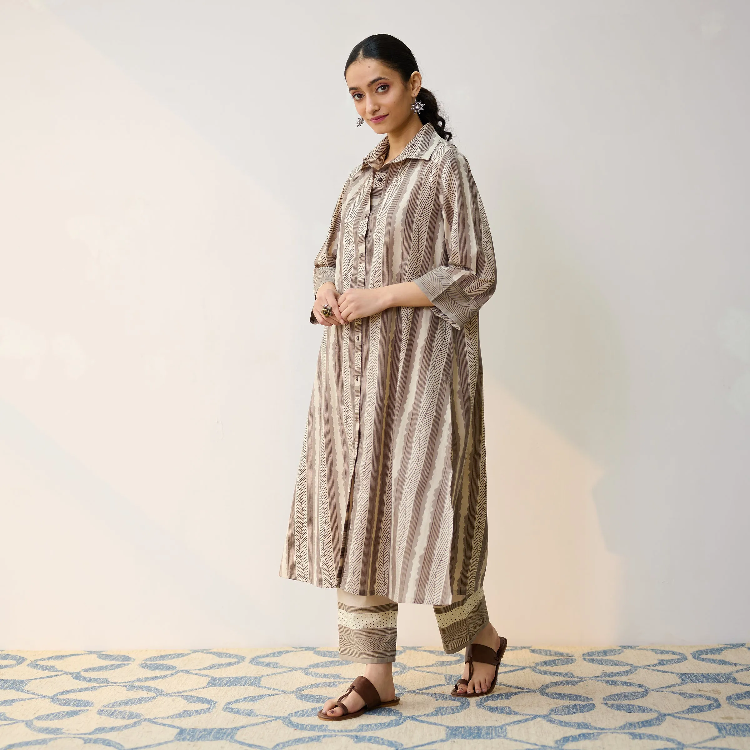 Dabu Inspired Grey Cotton Shirt Kurta with Pant