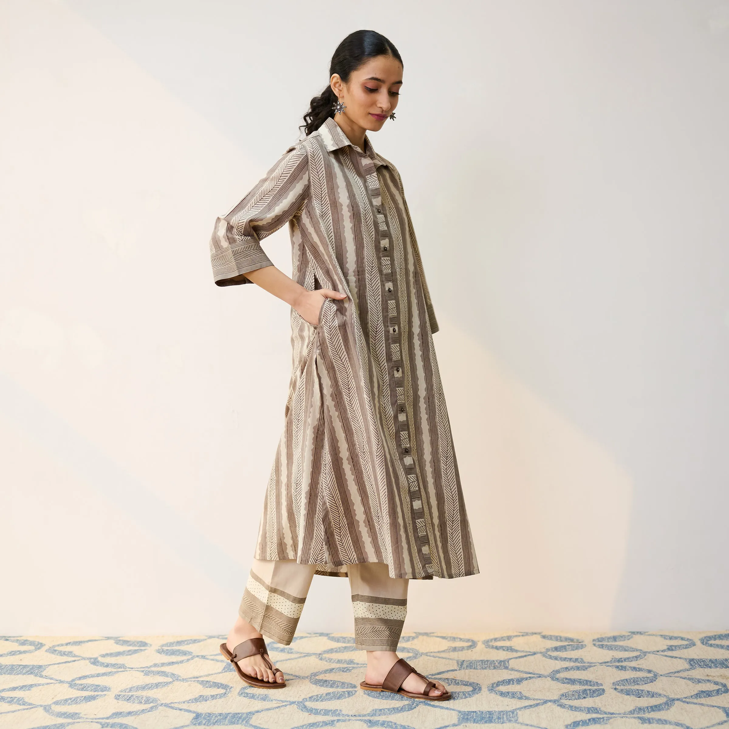 Dabu Inspired Grey Cotton Shirt Kurta with Pant