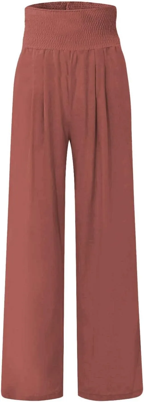 Elastic Waist Linen Pants Women Summer Smocked High Waisted Wide Leg Pants Office Pull On Work Trousers with Pockets