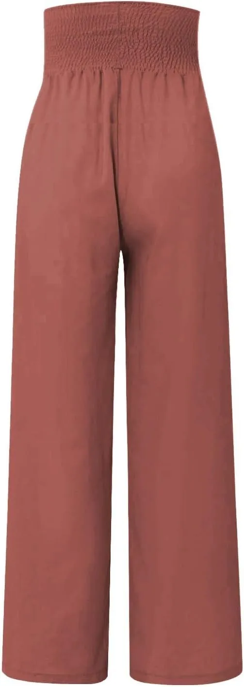 Elastic Waist Linen Pants Women Summer Smocked High Waisted Wide Leg Pants Office Pull On Work Trousers with Pockets