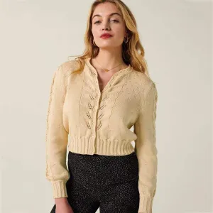 Embroidered Floral Beige Short Knitted Cardigan