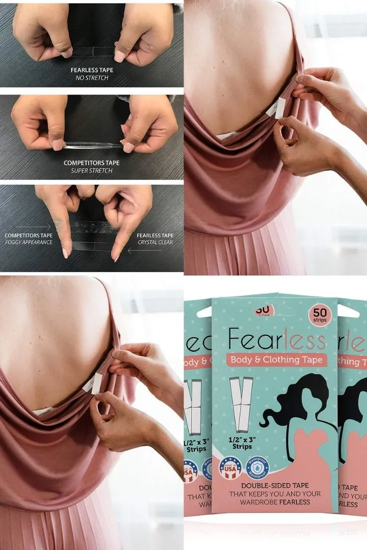 fearless tape - Double Sided Tape for Fashion, Clothing and Body (50 Strip) | All Day Strength Tape Adhesive and Gentle on Skin and Fabrics | Transparent Clear Color for All Skin Shade
