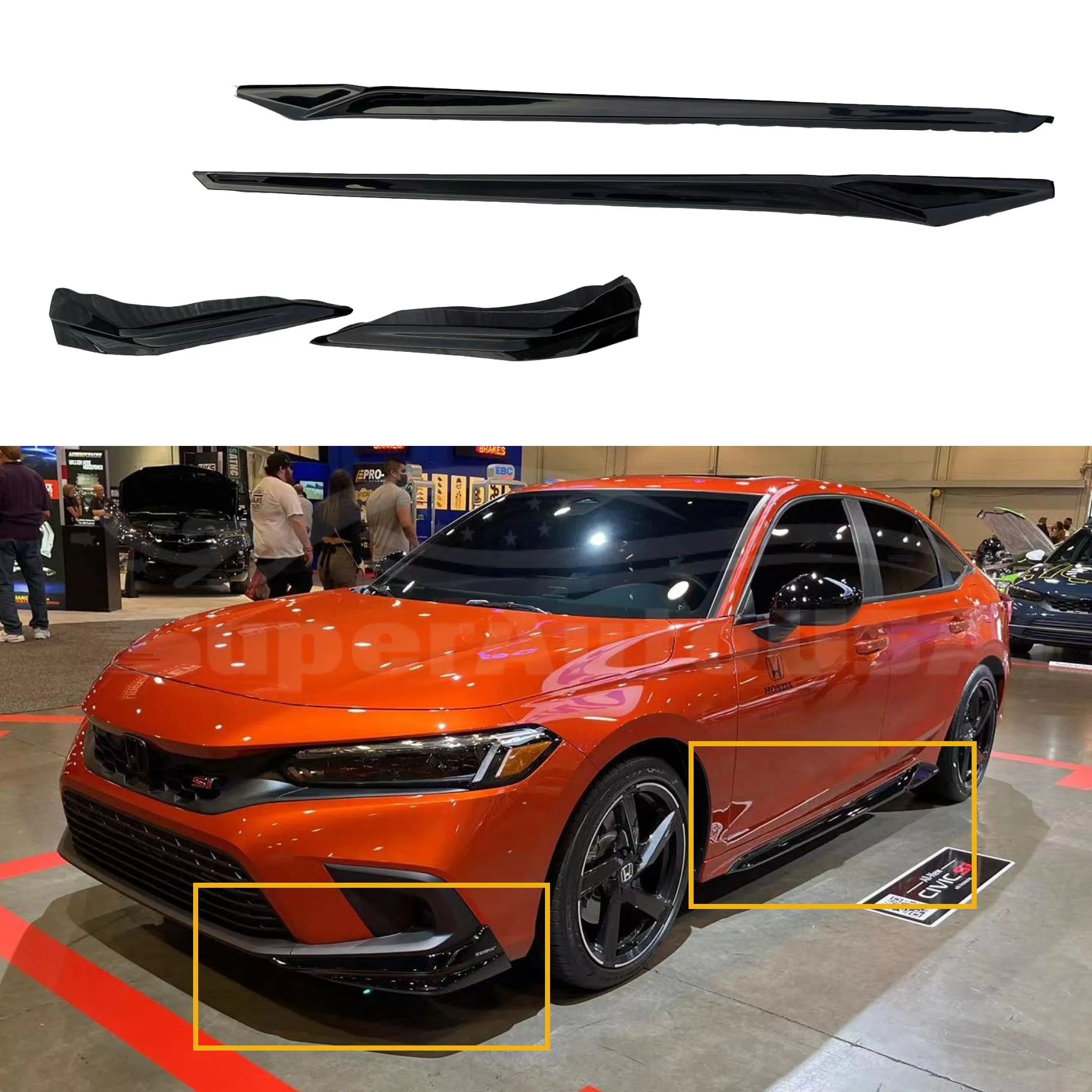 Fit 2022-2023 Honda Civic Side Body Skirts Front Corners Trim (Gloss Black)