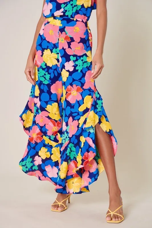 Floral Asymmetrical Ruffle Pants