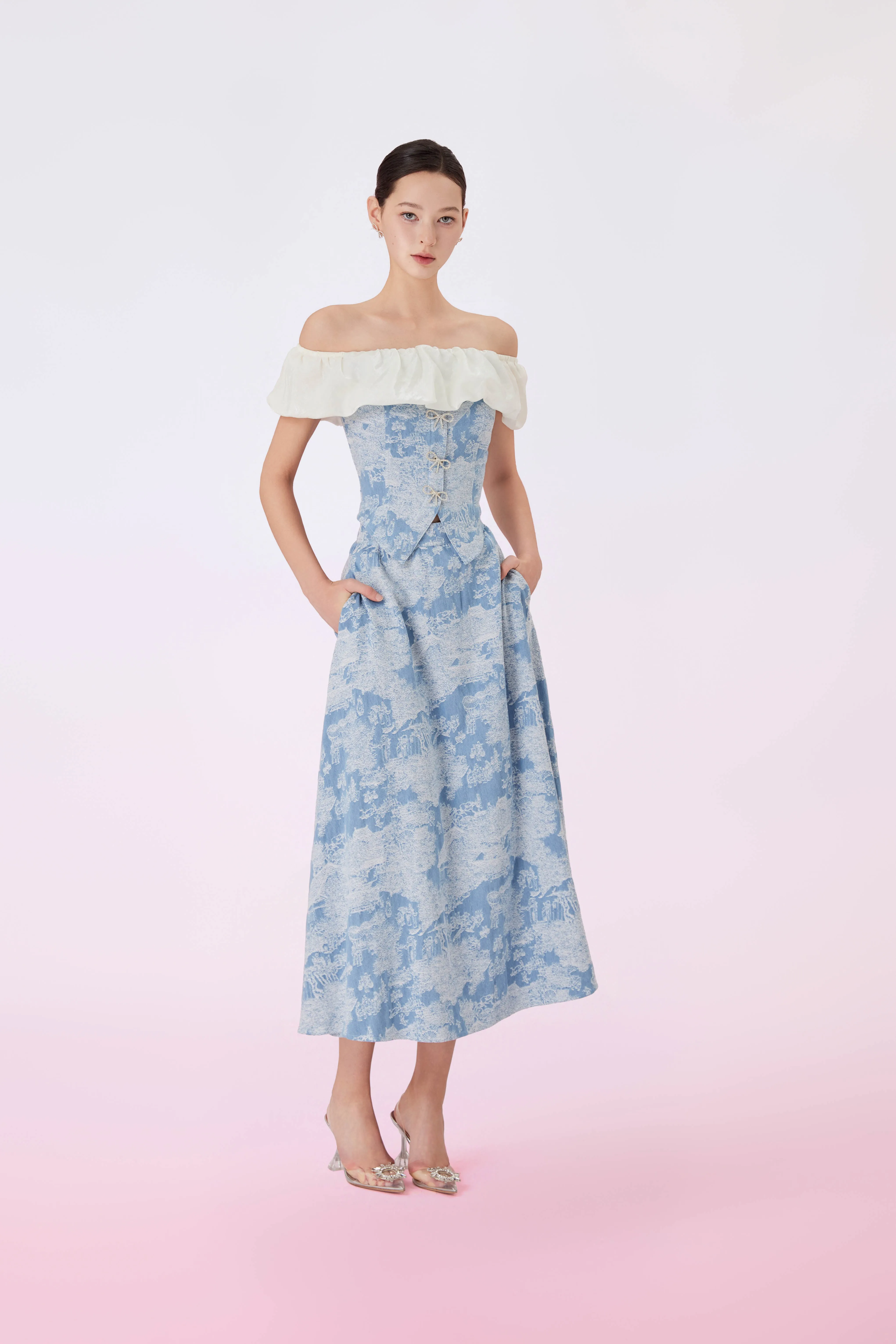 Geenya Blue Printed Denim Off-Shoulder Top
