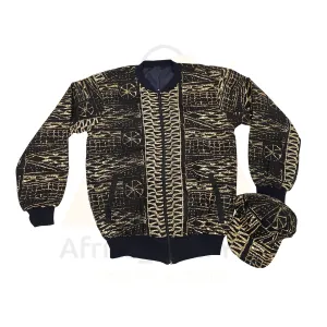 Golden Heritage: Black & Gold African Print Bomber Jacket and Cap Set