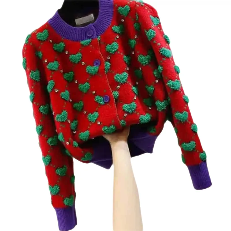 Heart Argyle O-Neck Knitted Cardigan
