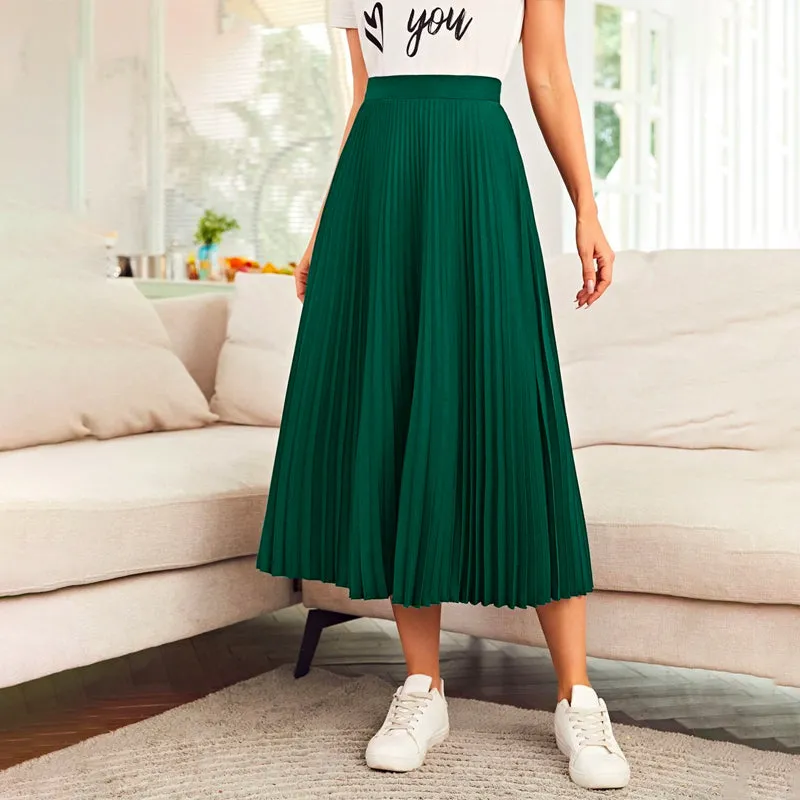 High Waist Solid Pleated Skirt