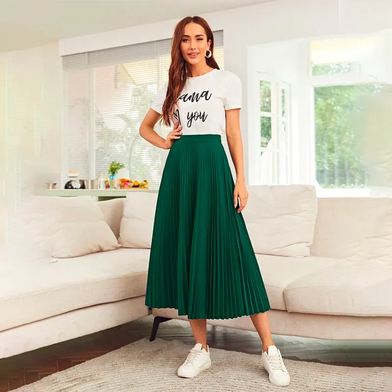 High Waist Solid Pleated Skirt