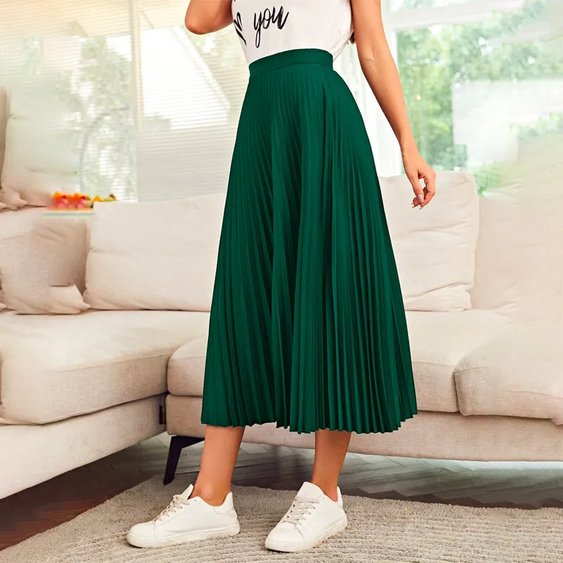 High Waist Solid Pleated Skirt