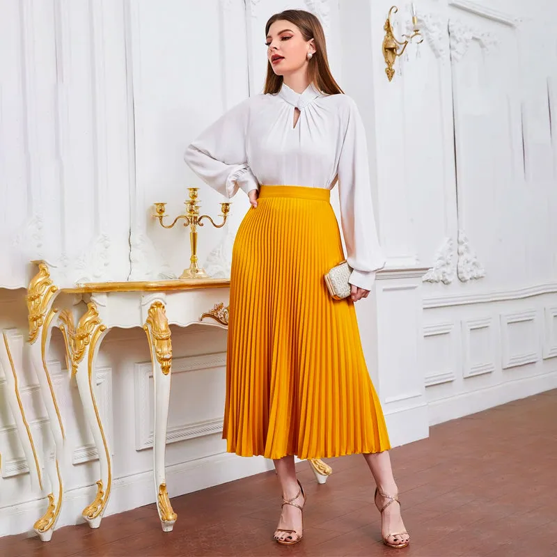 High Waist Solid Pleated Skirt
