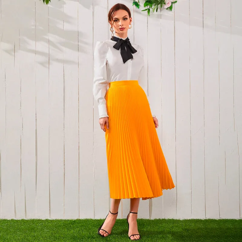 High Waist Solid Pleated Skirt