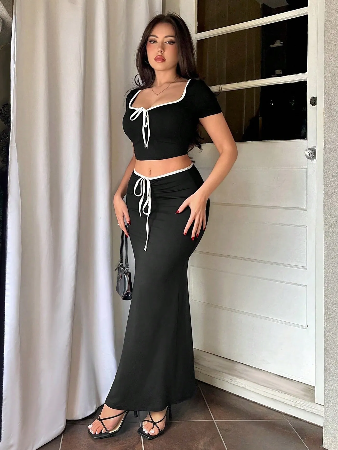 Holiday Bow-Tie Strap Short Sleeve Top & Fish Tail Skirt Outfit