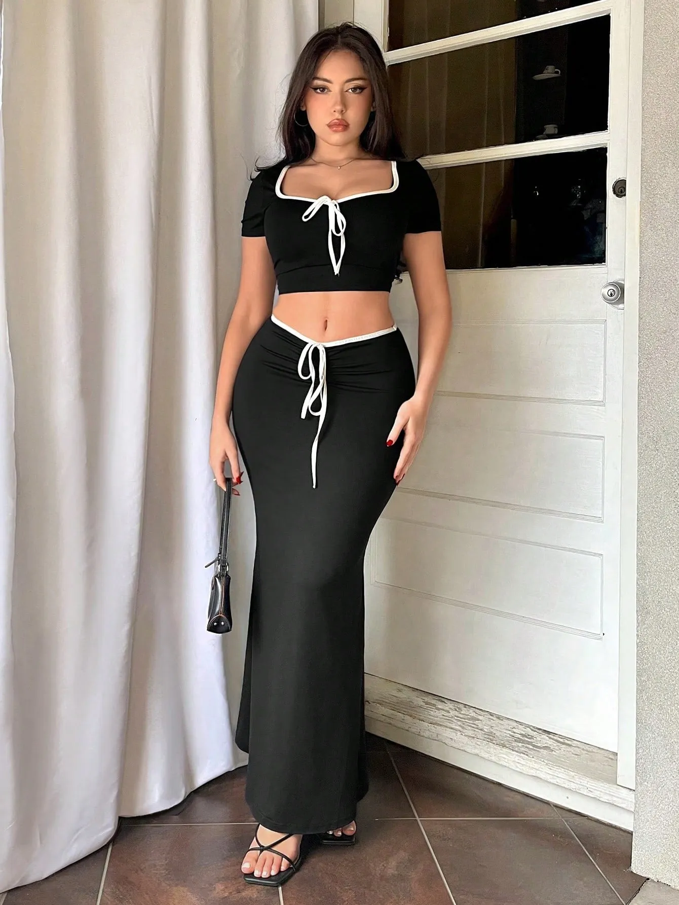 Holiday Bow-Tie Strap Short Sleeve Top & Fish Tail Skirt Outfit