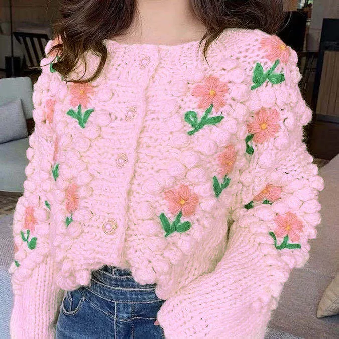 Joskaa Christmas Gift H.SA 2024 New Women Winter Handmade Sweater And Cardigans Floral Embroidery Hollow Out Chic Knit Jacket Pearl Beading Cardigans