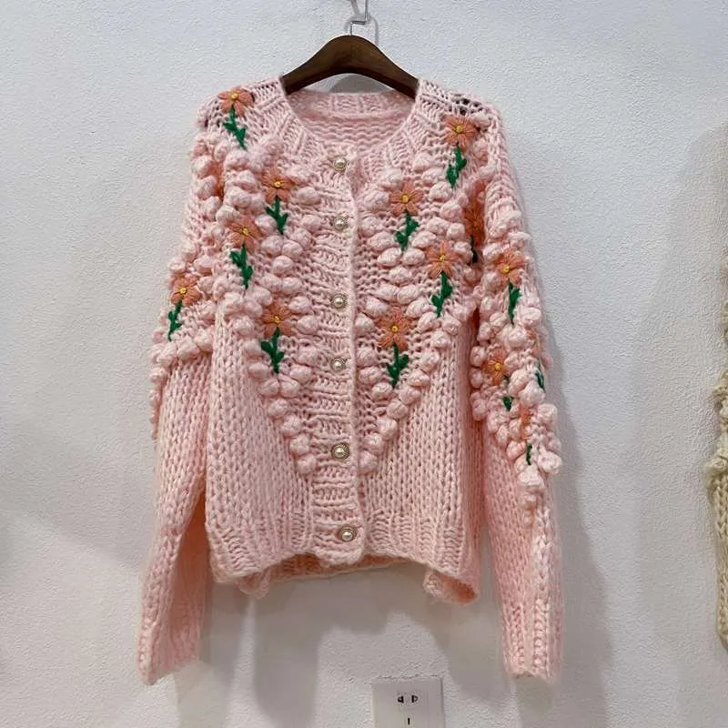 Joskaa Christmas Gift H.SA 2024 New Women Winter Handmade Sweater And Cardigans Floral Embroidery Hollow Out Chic Knit Jacket Pearl Beading Cardigans