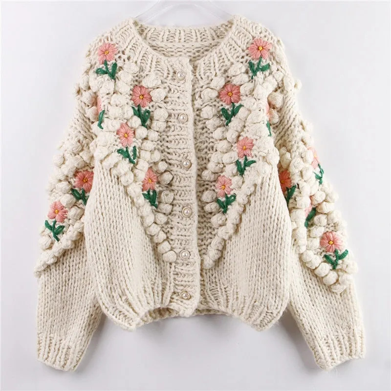 Joskaa Christmas Gift H.SA 2024 New Women Winter Handmade Sweater And Cardigans Floral Embroidery Hollow Out Chic Knit Jacket Pearl Beading Cardigans