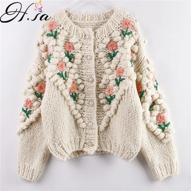 Joskaa Christmas Gift H.SA 2024 New Women Winter Handmade Sweater And Cardigans Floral Embroidery Hollow Out Chic Knit Jacket Pearl Beading Cardigans