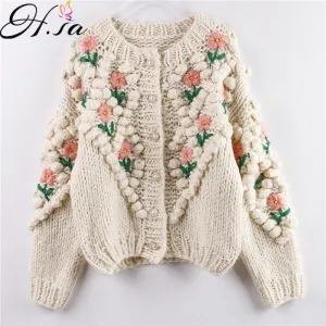 Joskaa Christmas Gift H.SA 2024 New Women Winter Handmade Sweater And Cardigans Floral Embroidery Hollow Out Chic Knit Jacket Pearl Beading Cardigans