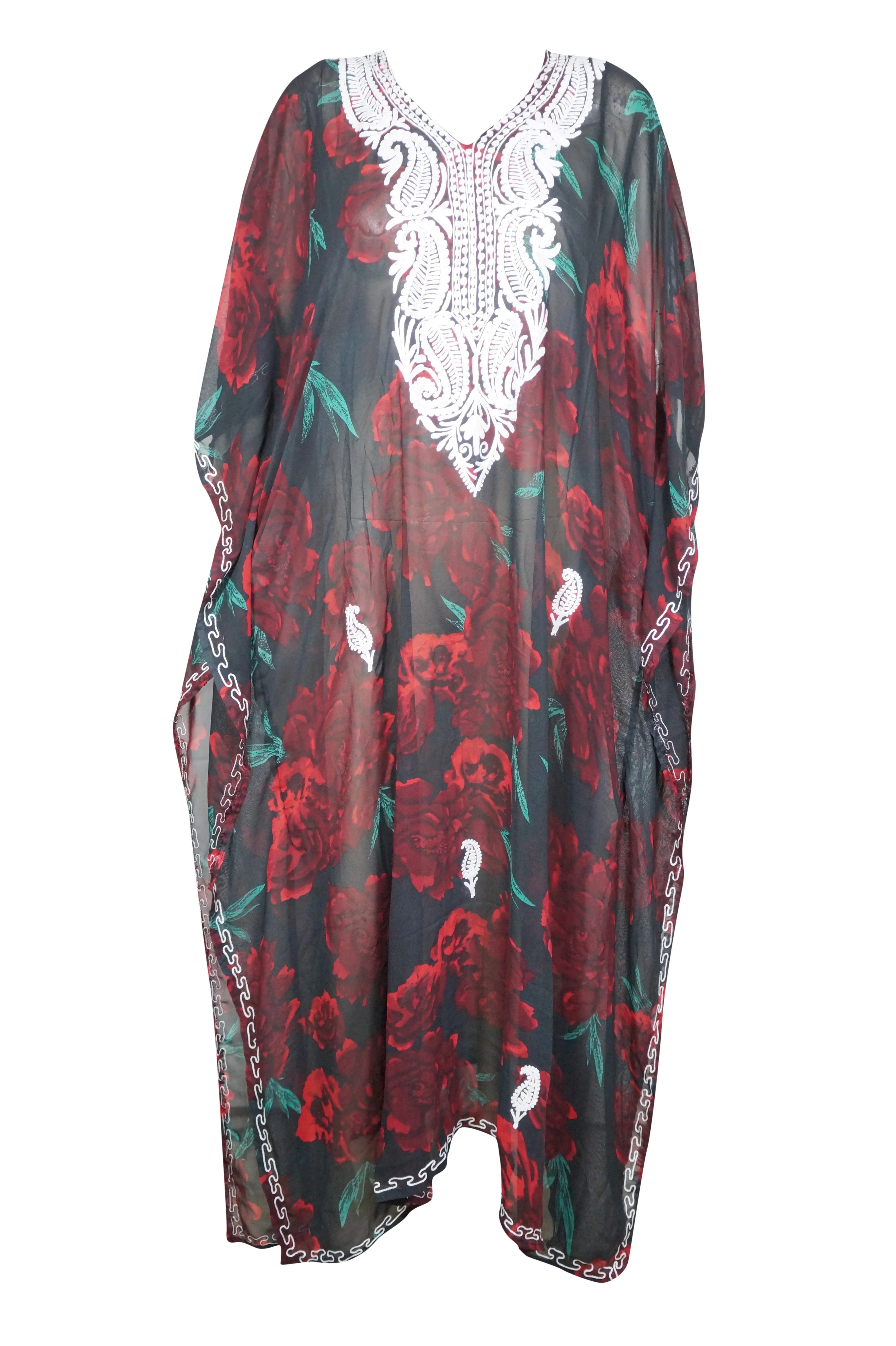 Kaftan Maxi Dress Coverup Georgette Red Black Floral Embroidered Caftan 4XL