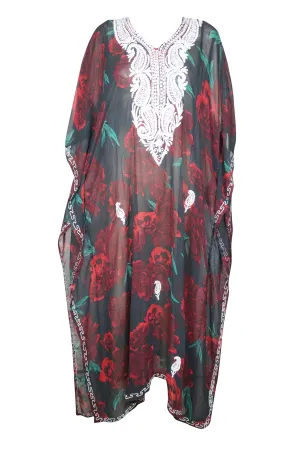 Kaftan Maxi Dress Coverup Georgette Red Black Floral Embroidered Caftan 4XL