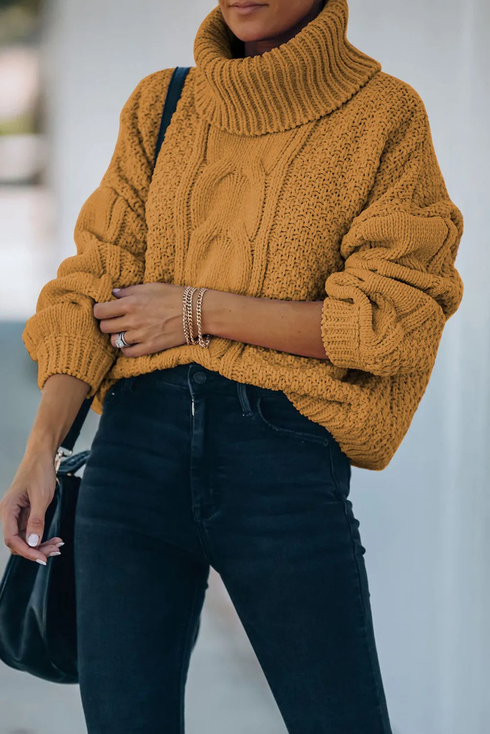 Khaki Solid Turtleneck Cable Knit Pullover Sweater