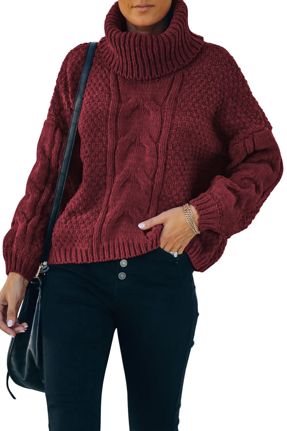 Khaki Solid Turtleneck Cable Knit Pullover Sweater