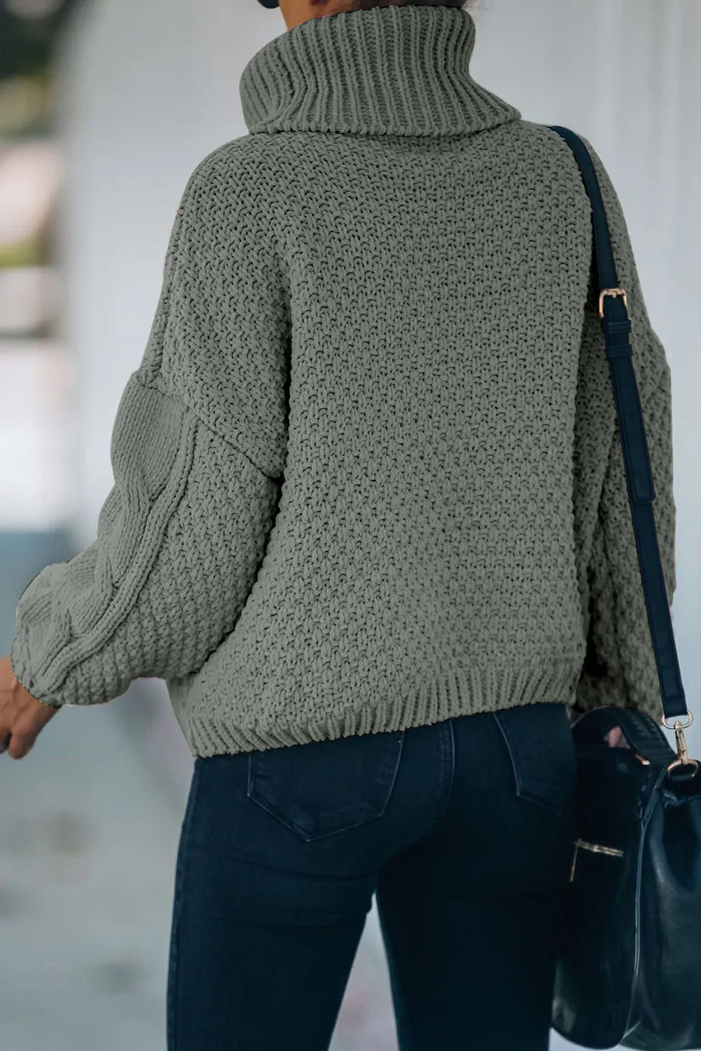 Khaki Solid Turtleneck Cable Knit Pullover Sweater