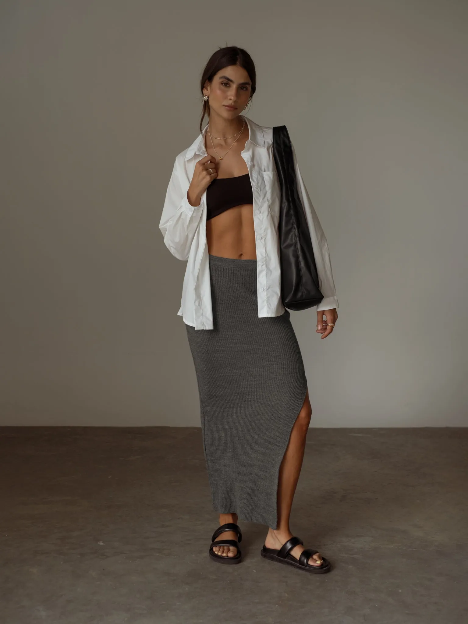 KNIT LONG SKIRT - GRAY
