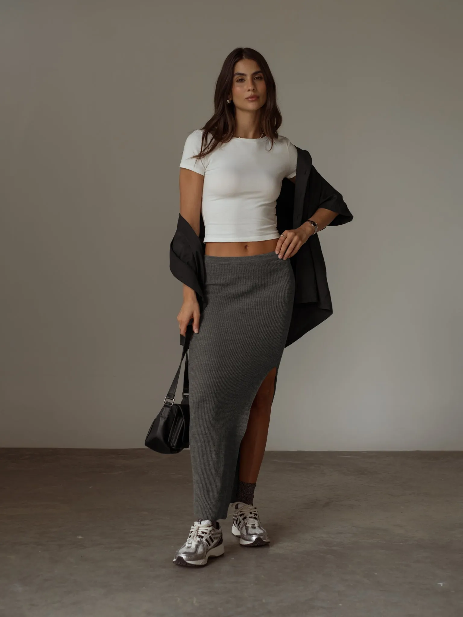 KNIT LONG SKIRT - GRAY