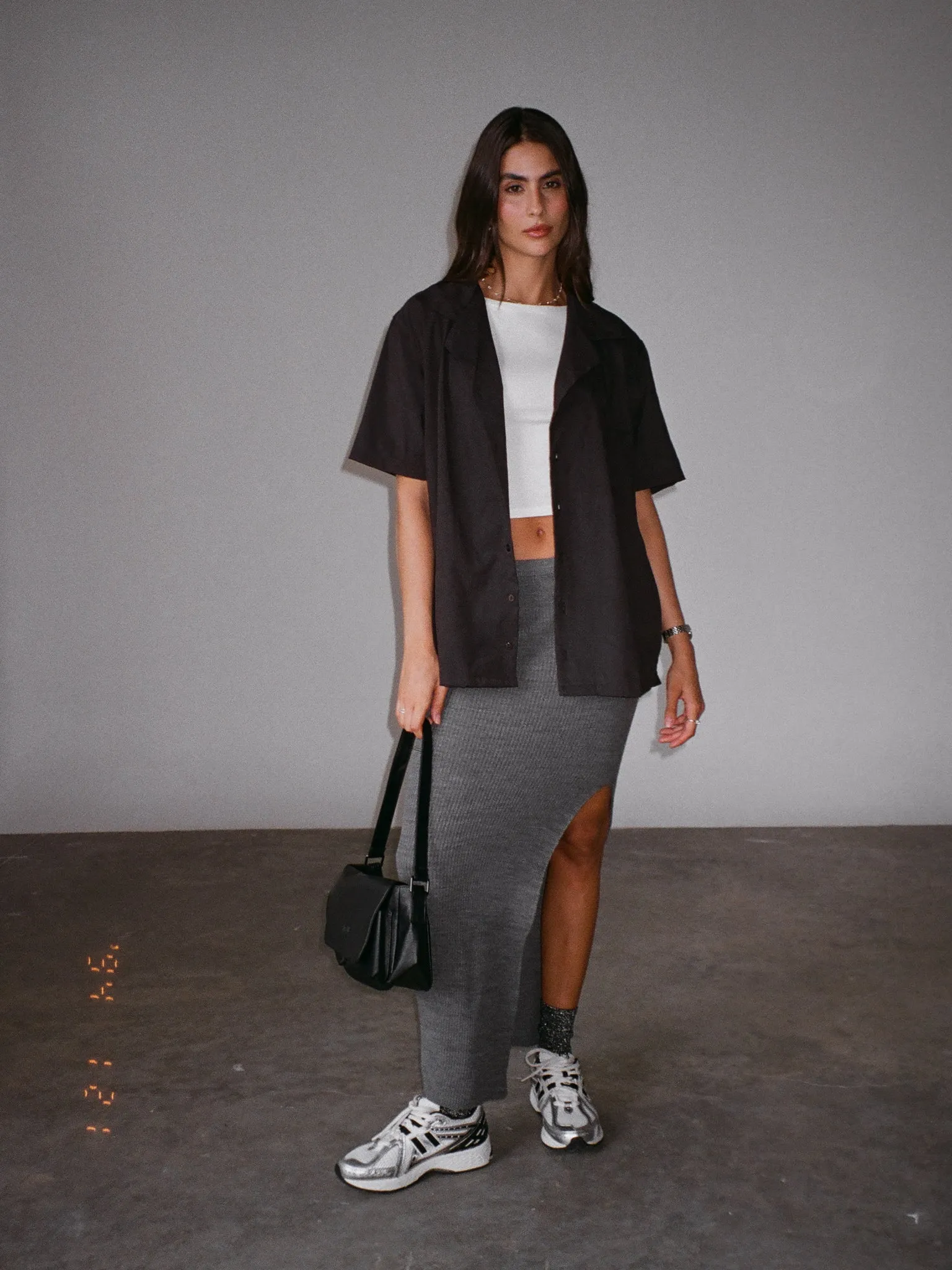 KNIT LONG SKIRT - GRAY