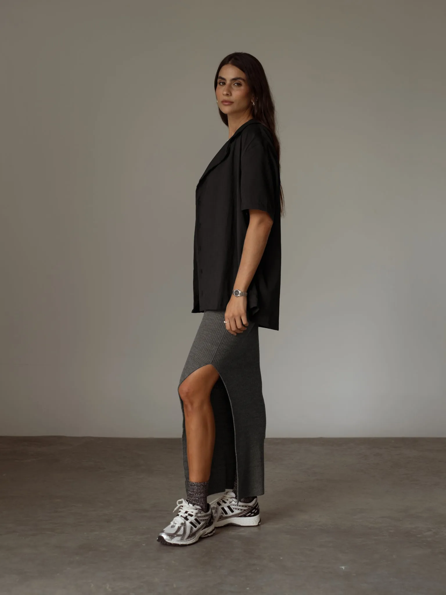 KNIT LONG SKIRT - GRAY