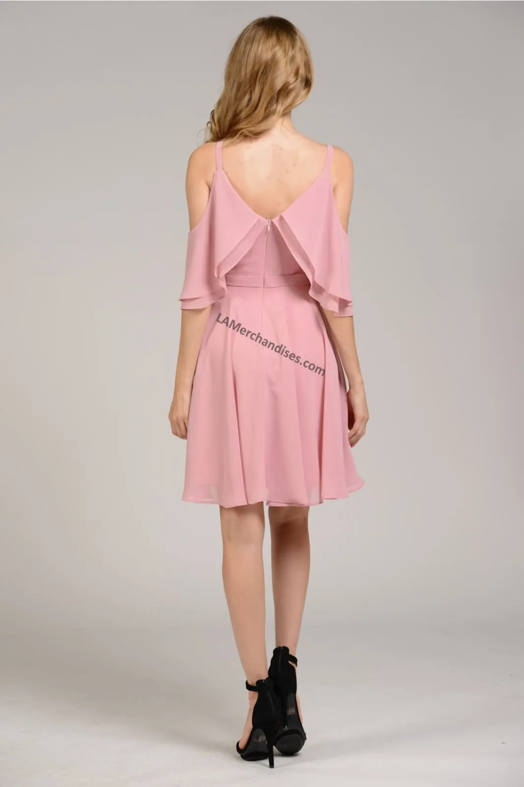 La Merchandise LAY8000 Simple Cold Shoulder Short Flowy Chiffon Dress