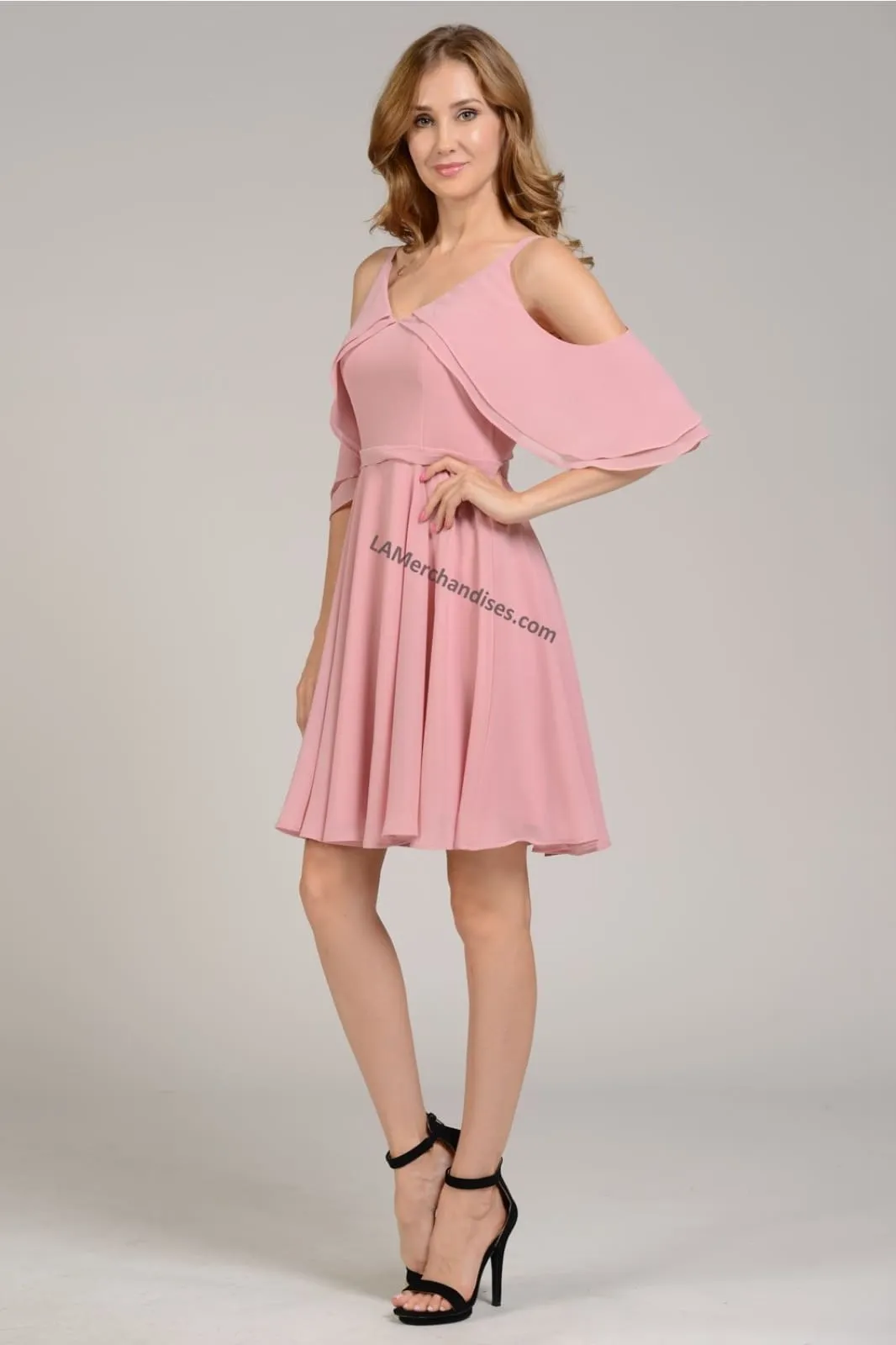 La Merchandise LAY8000 Simple Cold Shoulder Short Flowy Chiffon Dress
