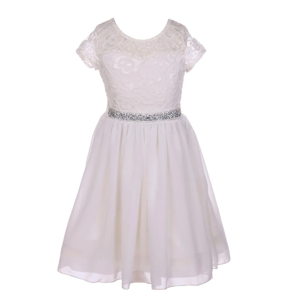 Lace and Chiffon Junior Bridesmaid Party Dress with Stone Belt, Sizes 8-14