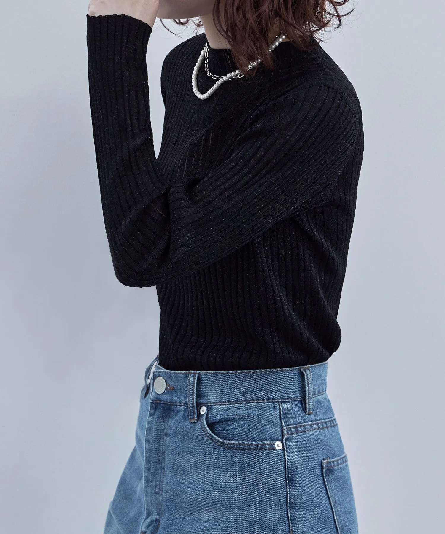 Lame&sheer bottle neck rib tops