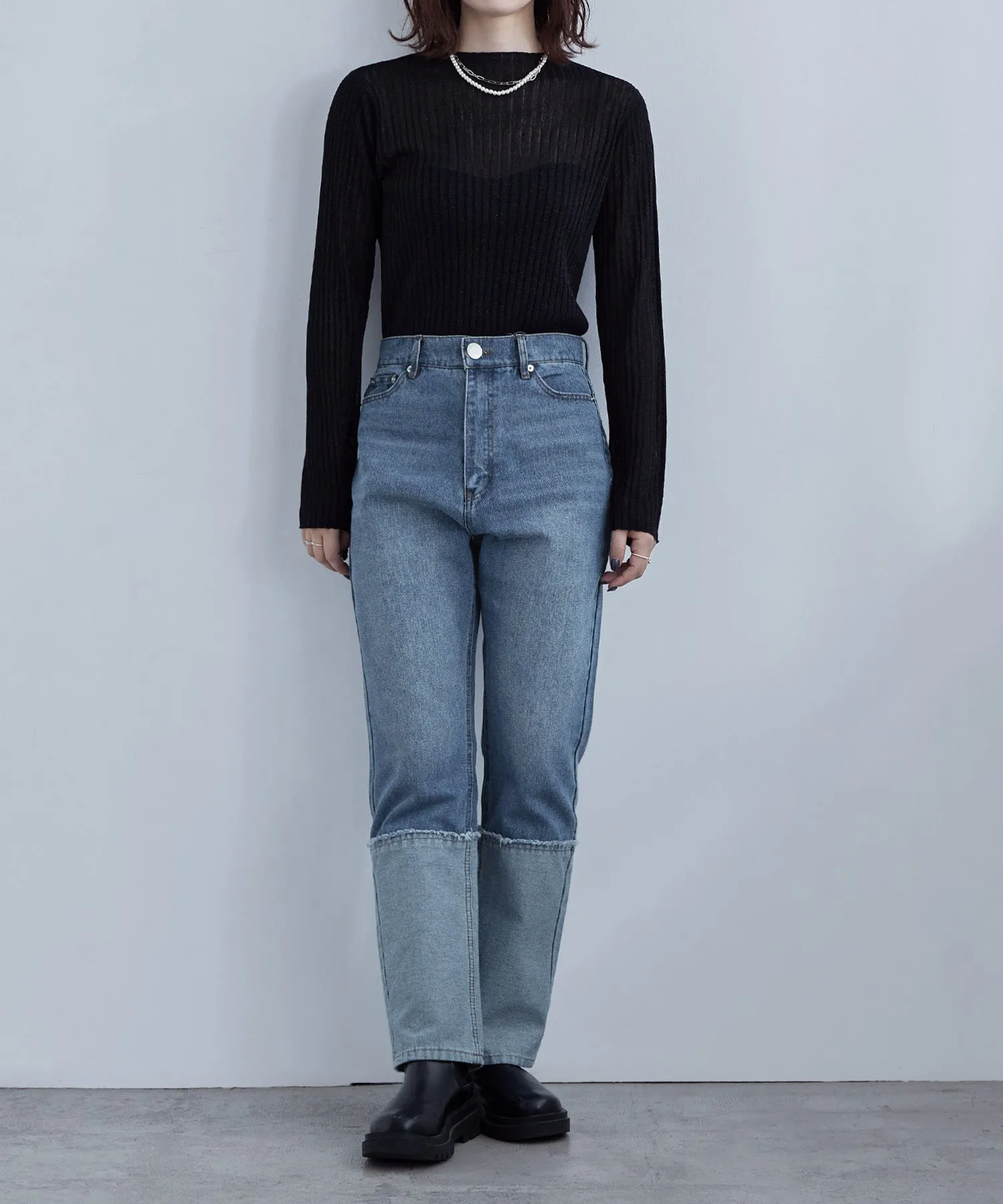 Lame&sheer bottle neck rib tops