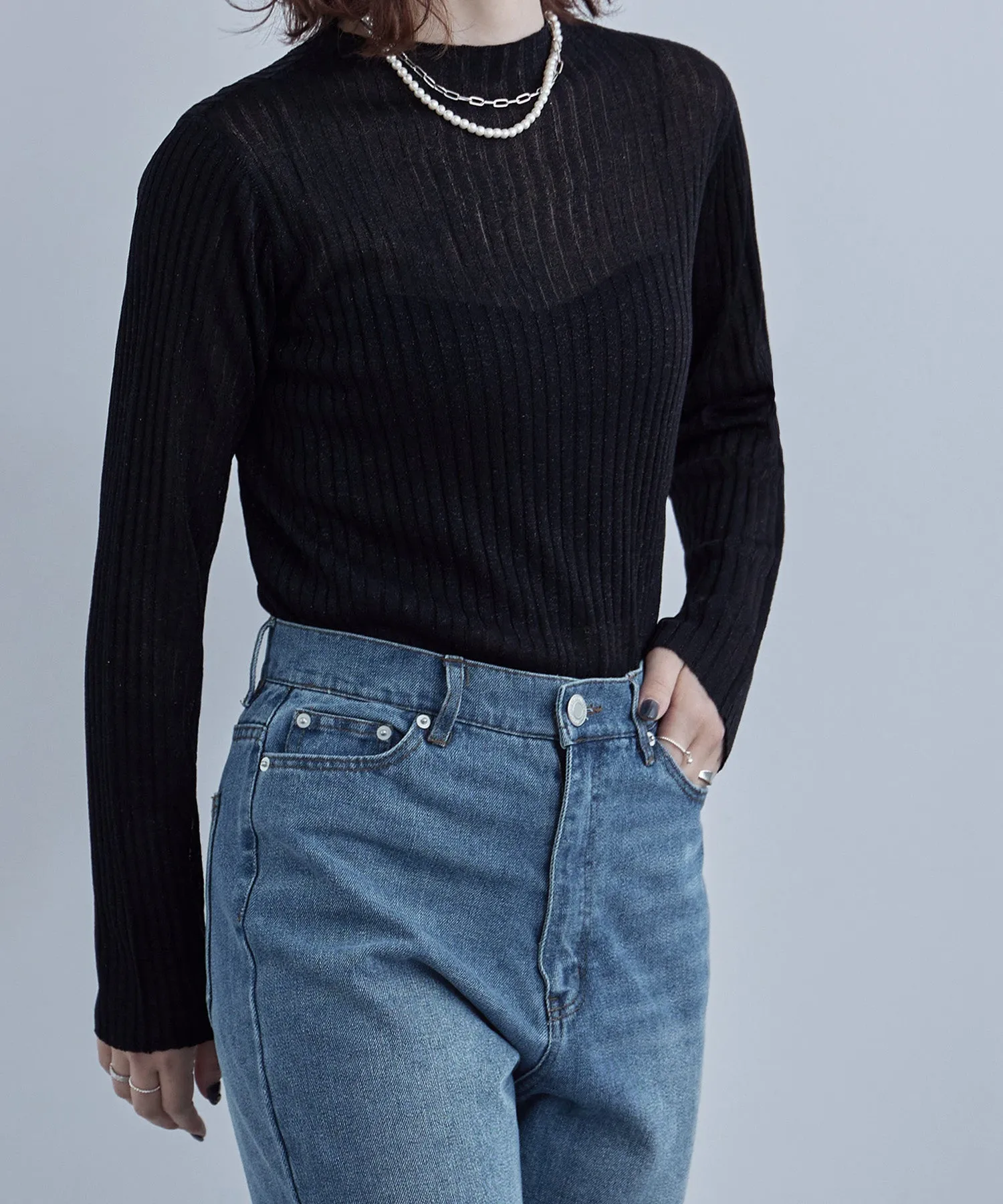 Lame&sheer bottle neck rib tops
