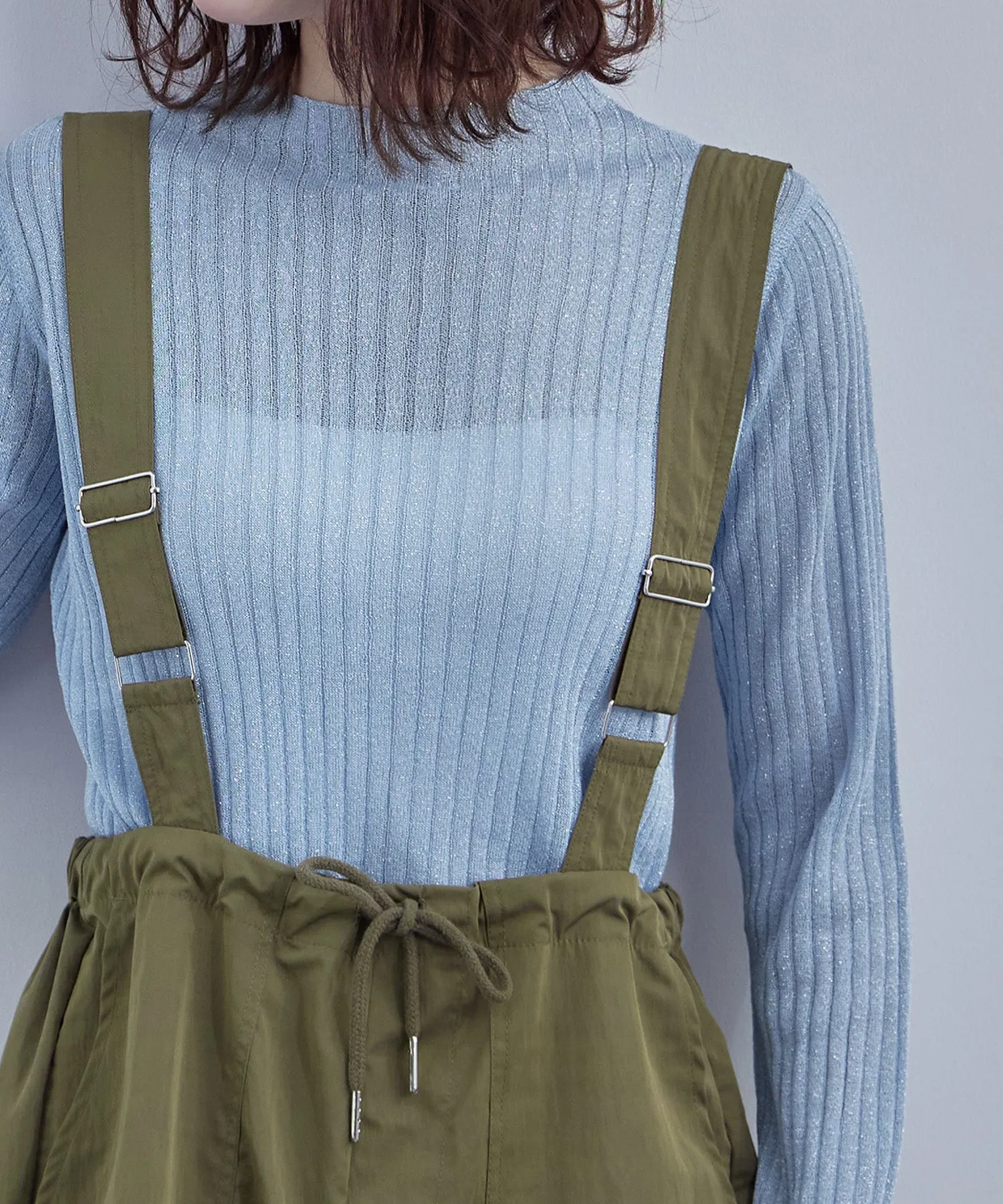 Lame&sheer bottle neck rib tops
