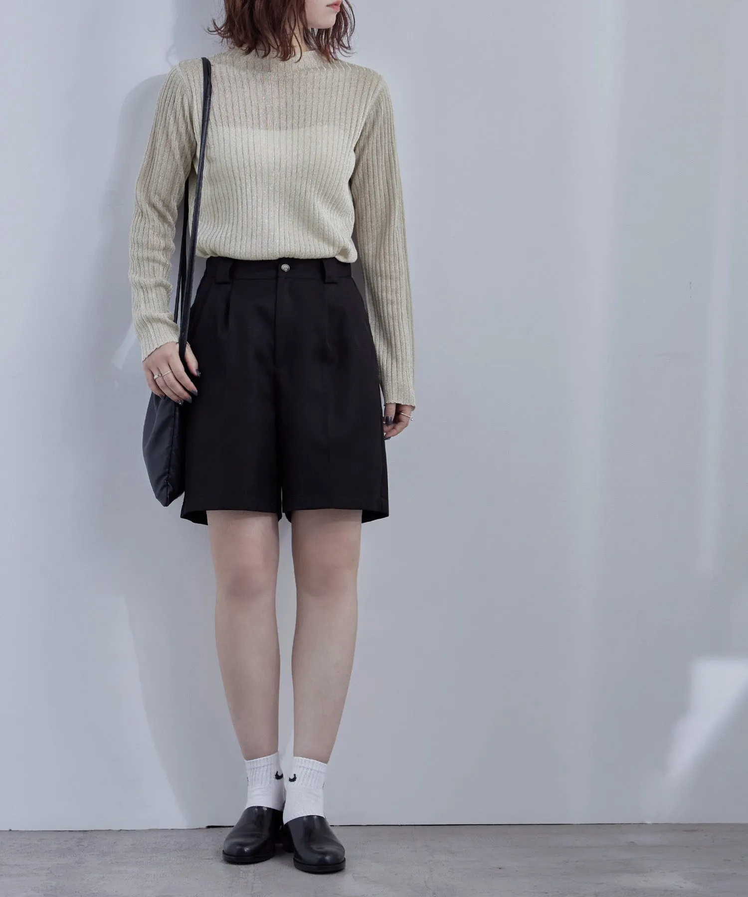 Lame&sheer bottle neck rib tops