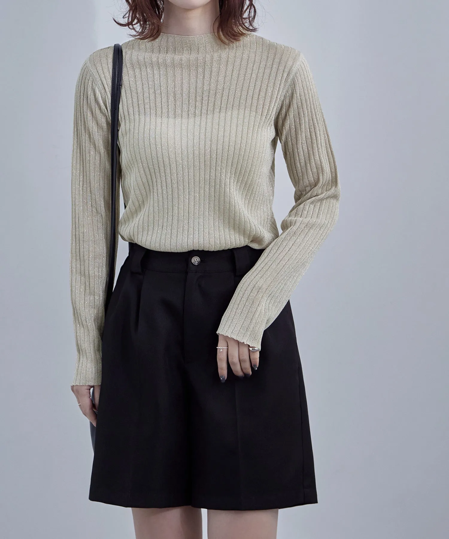 Lame&sheer bottle neck rib tops