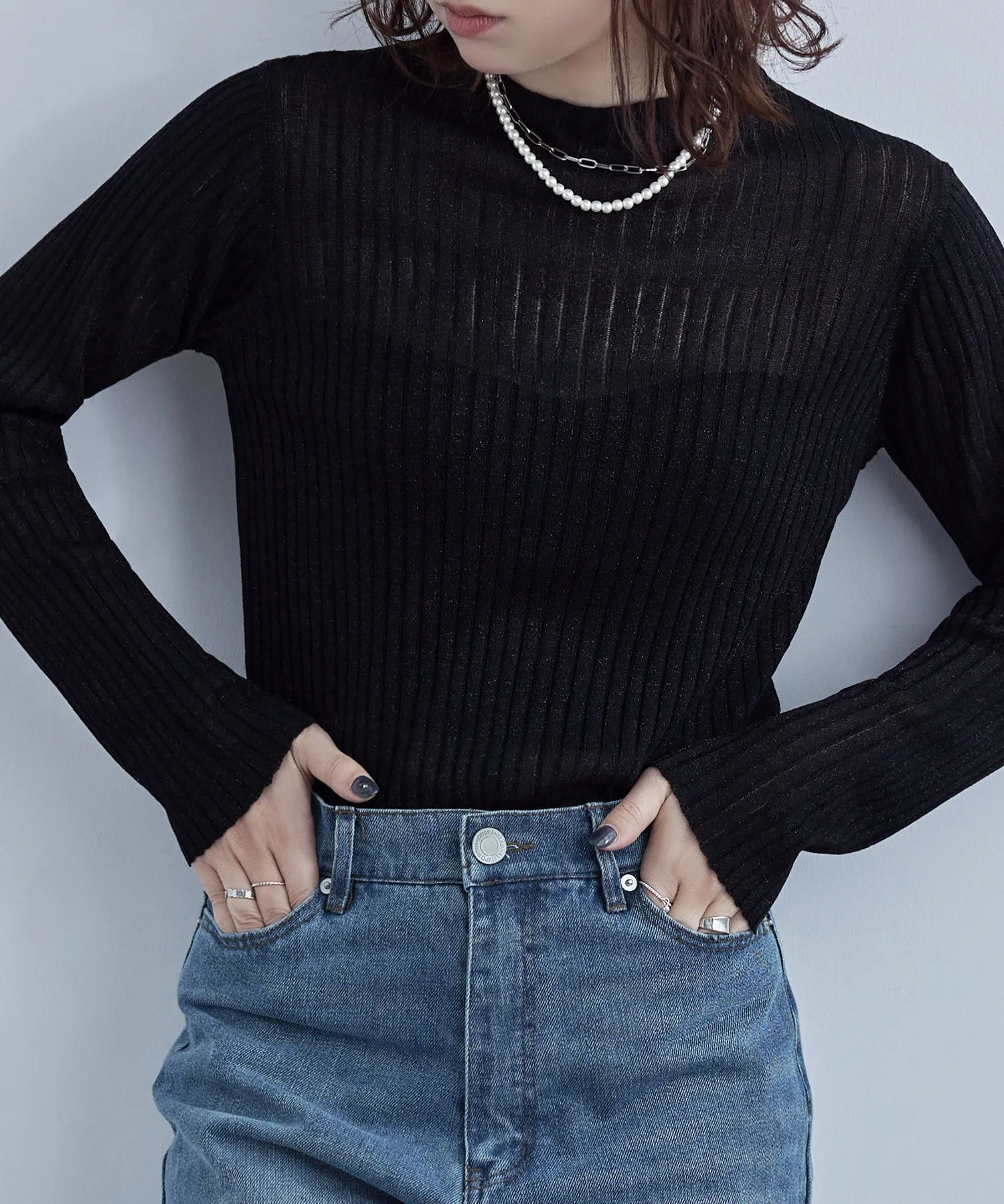 Lame&sheer bottle neck rib tops